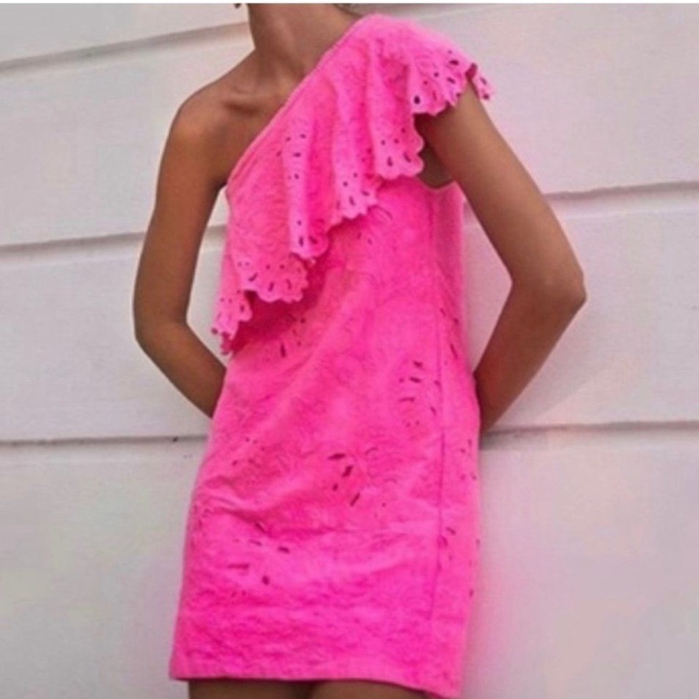 FARM Rio Hot Pink One-Shoulder Eyelet Shift Dress